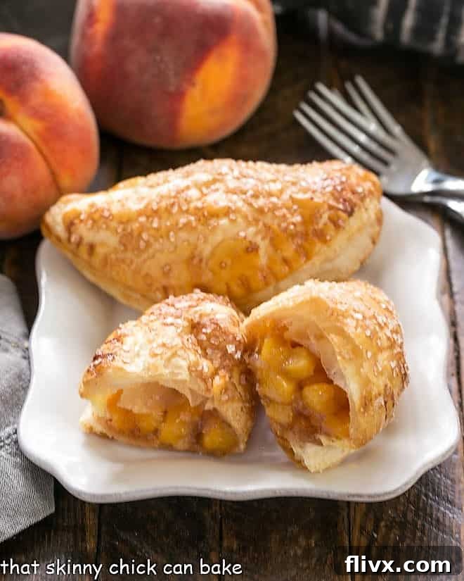A single Chaussons aux Pêches, broken in half to reveal the rich, golden peach filling, resting on a white ceramic plate.