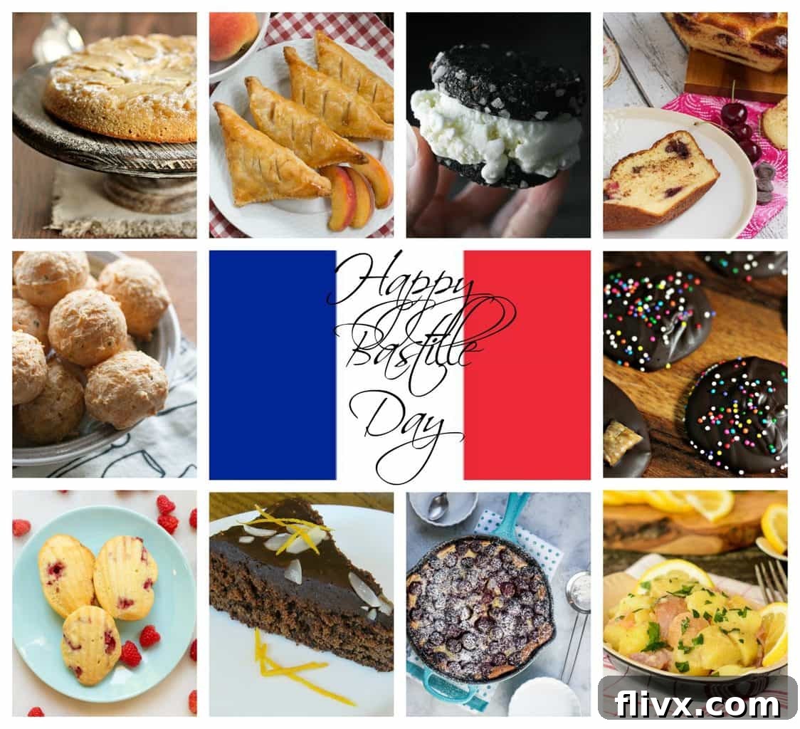 A festive Bastille Day collage featuring ten different French-inspired food photos arranged around a central title text box, celebrating French cuisine.
