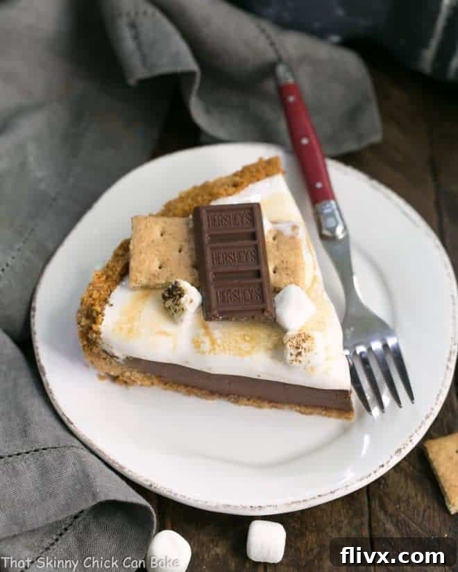 A perfectly sliced S'mores Pie on a pristine white dessert plate, showcasing its distinct layers of graham cracker crust, fudgy chocolate, and toasted marshmallow