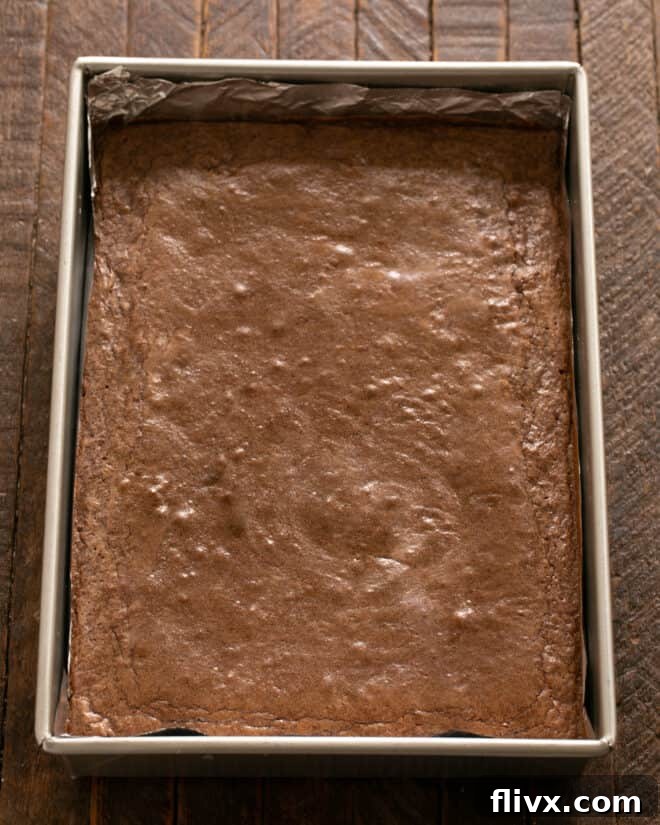 Baked truffle brownies cooling in the pan, ready for the ganache topping.