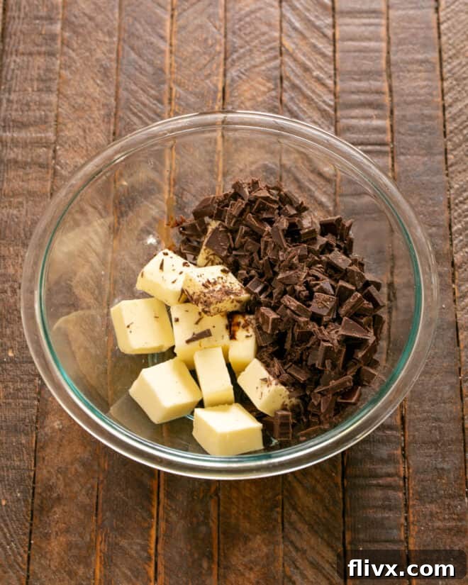 Chopped chocolate and butter prepared for melting, the start of the rich brownie batter.