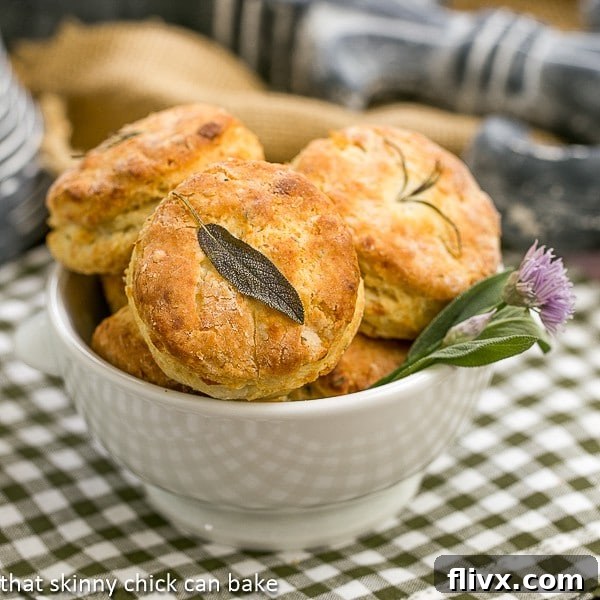 Herbed Buttermilk Biscuits in a bowl with a fresh herb garnish, highlighting their golden crust.