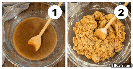 Oatmeal cookies process shots showing the initial mixing steps.
