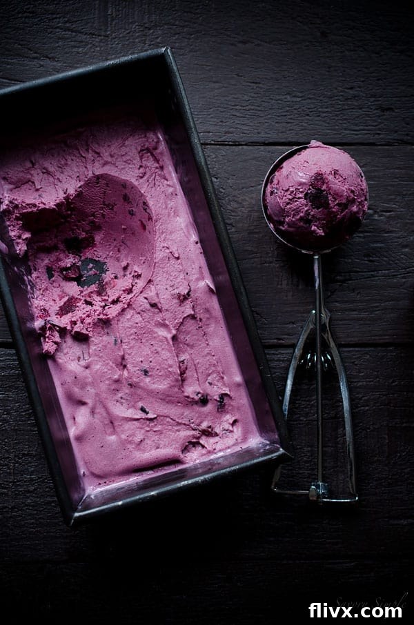 Roasted Blueberry Creme Fraiche Ice Cream in a glass
