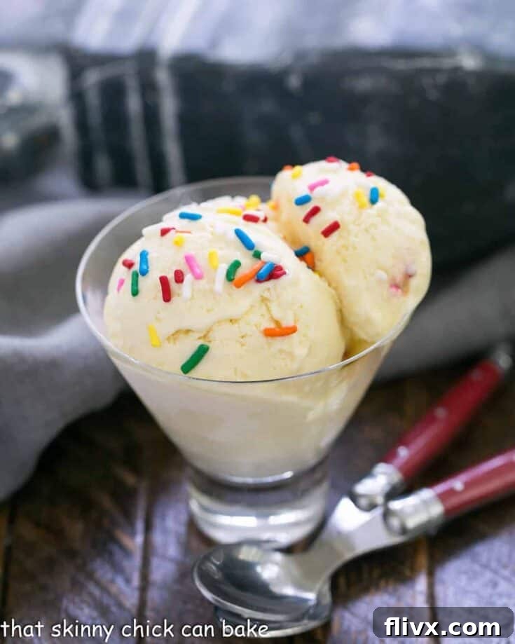 Cake Batter Ice Cream in a bowl with sprinkles