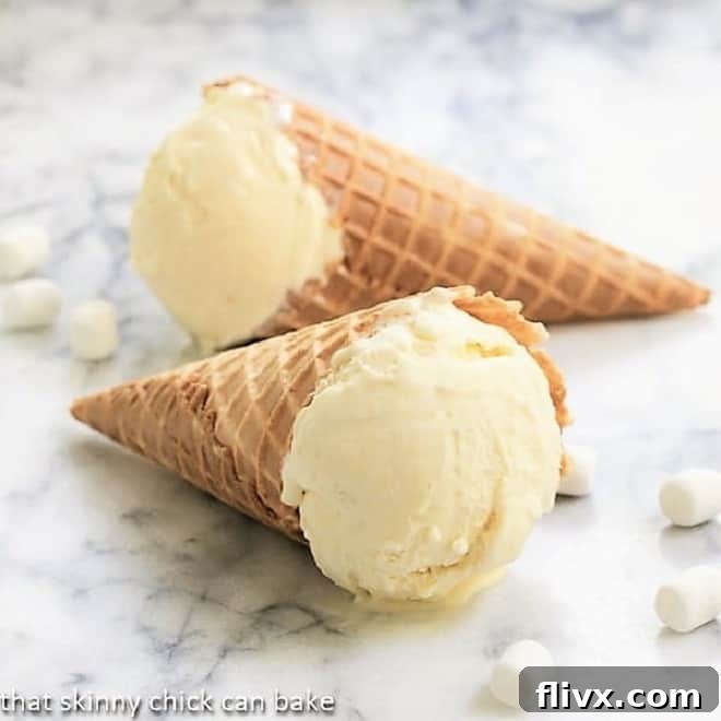 Fudge Topped Marshmallow Ice Cream with chocolate sauce