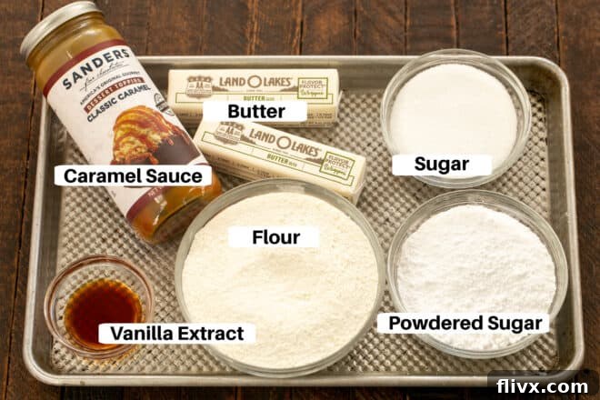 Caramel Butter Bars Ingredients with labels on a metal sheet pan.