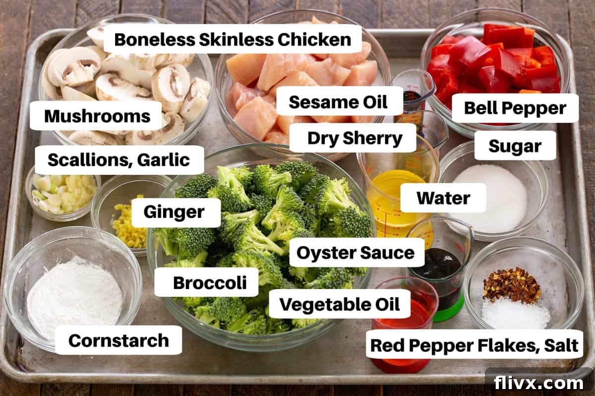 Chicken Broccoli Stir Fry Ingredients laid out on a sheet pan with descriptive labels.