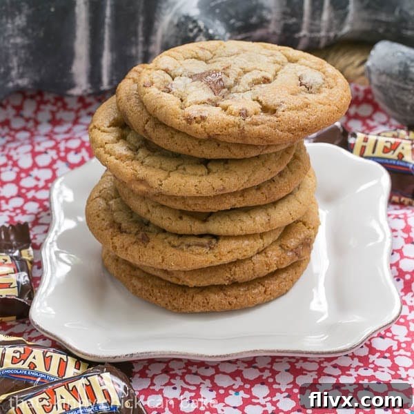 Brown Butter Toffee Cookies, a stack of perfectly baked cookies