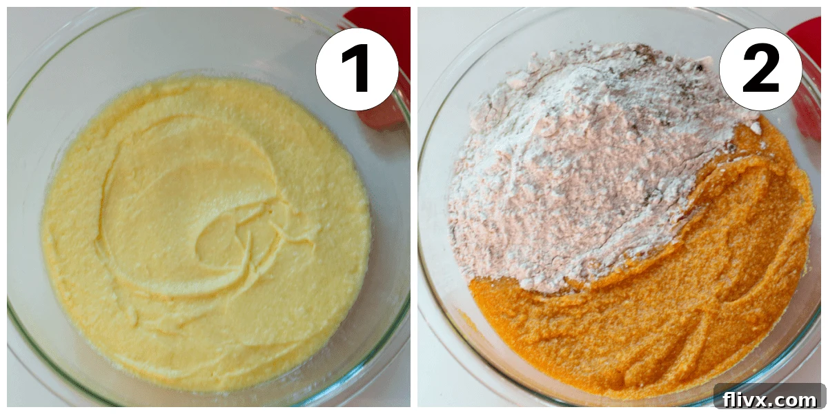 Numbered process shot of pumpkin bar batter showing wet ingredients being mixed in one bowl and dry ingredients in another.
