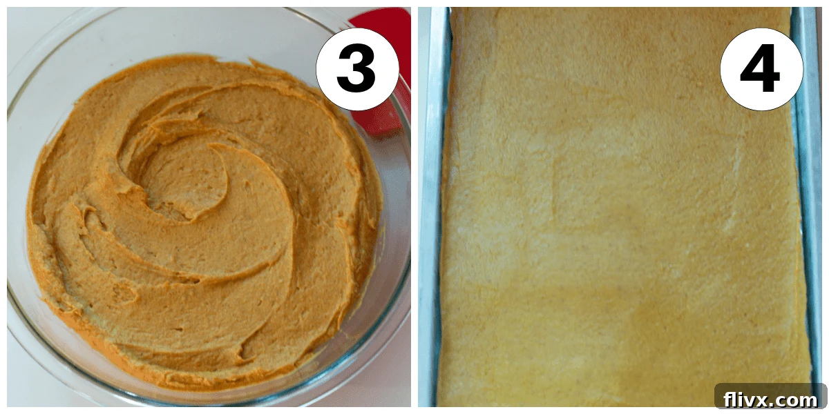 Pumpkin bars process shots 3 and 4 showing mixed batter in a bowl and then spread evenly in a sheet pan.