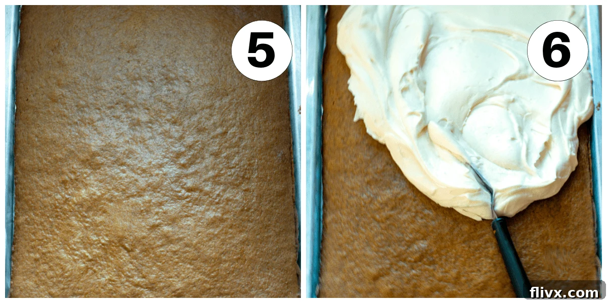 Process shots 5 and 6 showing baked pumpkin bars cooling, followed by cream cheese frosting being spread with a spatula.