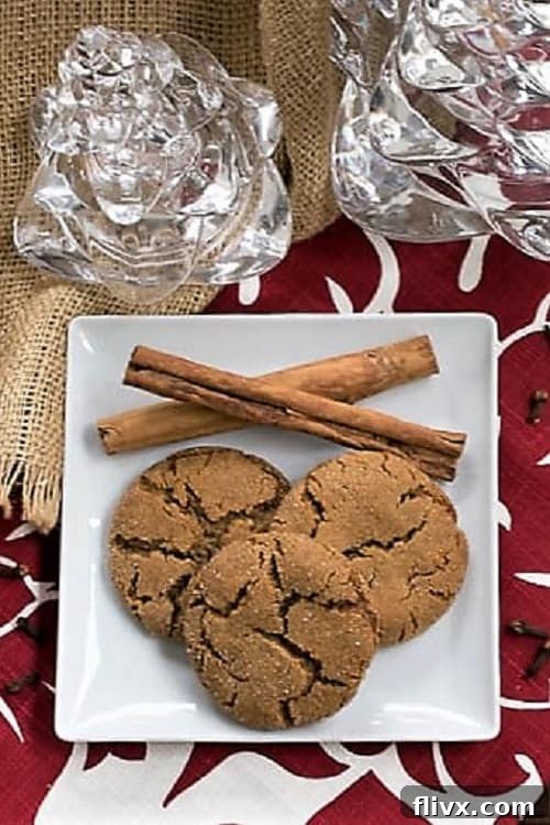 Overhead view of several Triple Ginger Snaps artfully arranged on a white plate, highlighting their perfectly cracked tops and inviting texture.