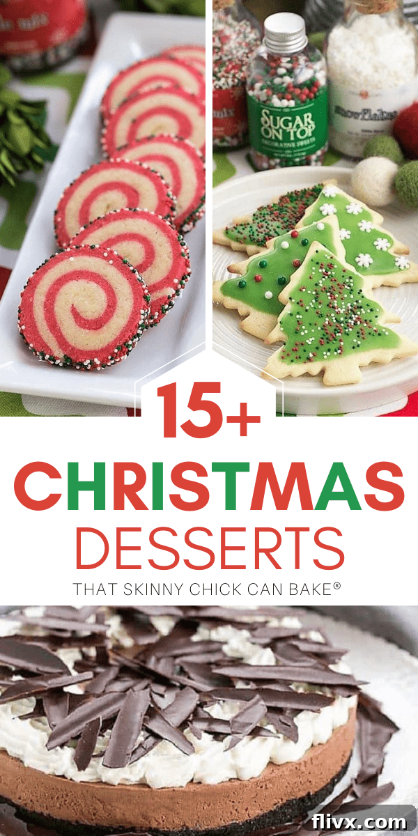 A festive collage showcasing three delicious Christmas desserts: assorted holiday cookies, a rich chocolate mousse, and a decadent toffee, accompanied by text '15+ Delicious Christmas Desserts Recipes'.