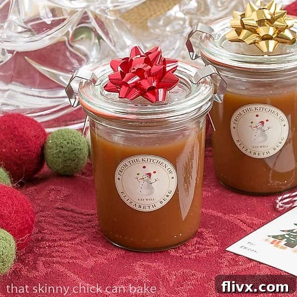 Beautifully packaged Microwave Caramel Sauce in jars, adorned with ribbons and labels, making delightful homemade gifts.