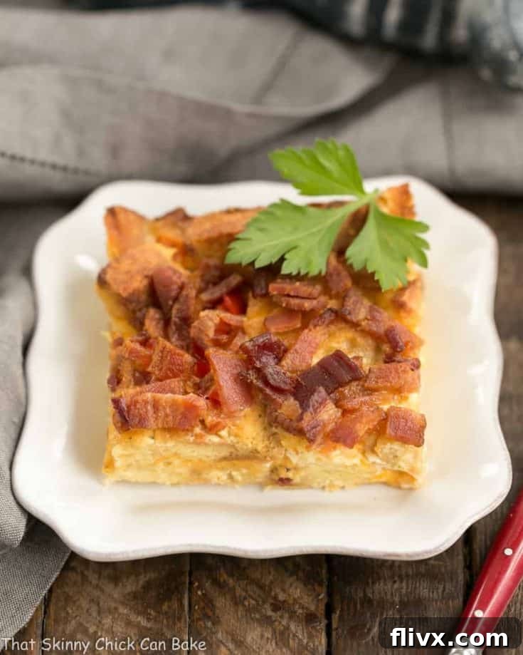 Bacon and Egg Strata | A hearty casserole combining croutons, cheese, bacon, and eggs for an outstanding breakfast treat.