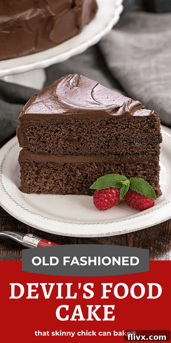 A vibrant and appetizing photo and text collage showcasing various aspects of the Devil's Food Cake, highlighting its key features, rich color, and tempting texture, designed to entice and inform.
