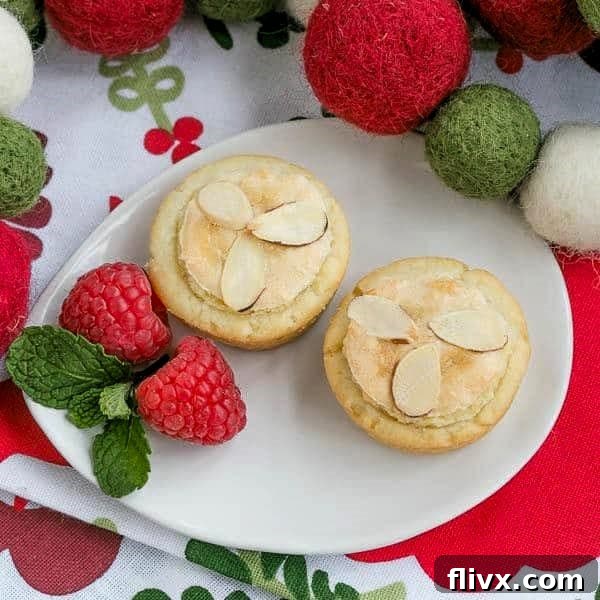 Overhead view of elegant Almond Raspberry Tartlets on an oval white plate, showcasing their festive appeal.