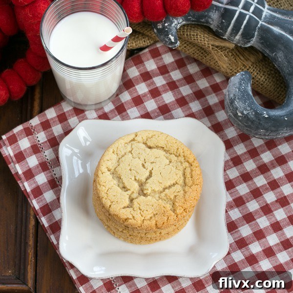 Overhead shot of golden brown Chewy Butterscotch Cookies on a white plate, accompanied by a refreshing glass of milk, all set on a charming checked napkin.