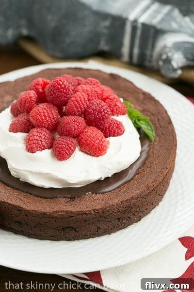 Chocolate Earthquake Cake presented on a white cake plate with a delicate mint garnish, ready to be served.