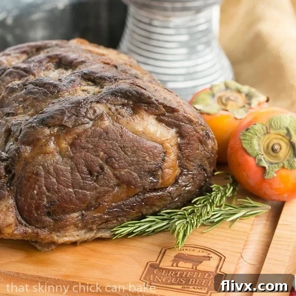 Classic Prime Rib roast on a cutting board.