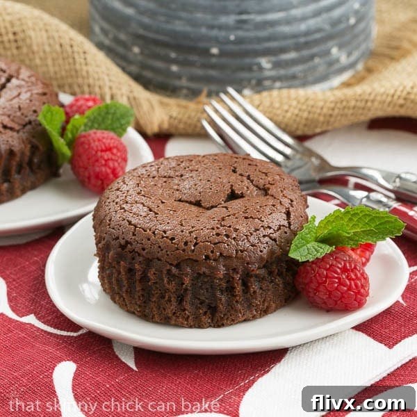 Chocolate Lava Cakes on a white plate with raspberries and mint, ready to be enjoyed.