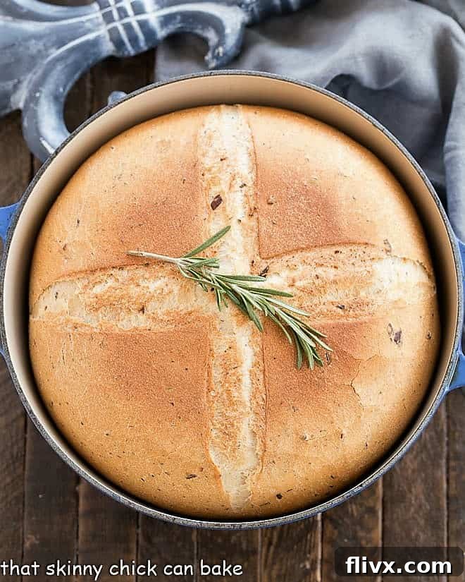 Overhead view of Rosemary Olive Bread in a Dutch oven