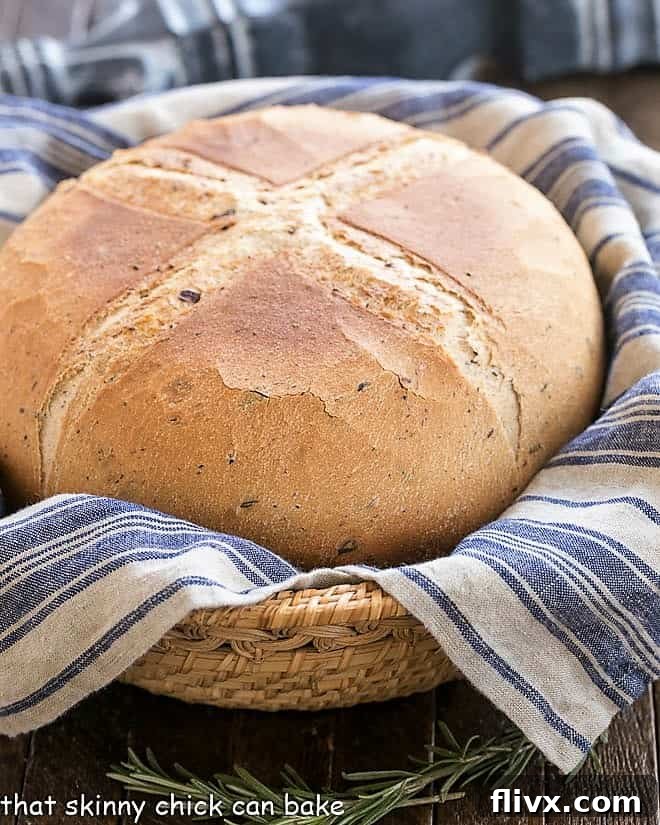 Rosemary Olive Bread in a wicker basket