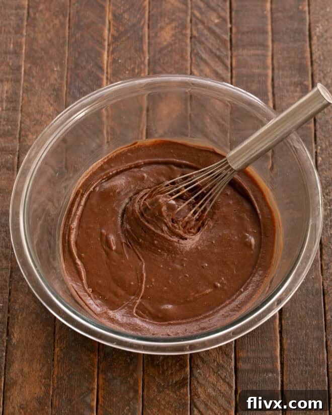Ingredients being stirred together in a bowl: sugar, eggs, vanilla, cocoa, flour, salt, and baking powder.