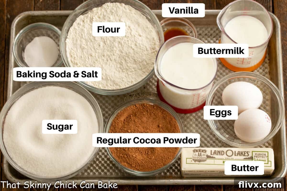 A curated display of essential Cocoa Fudge Cake ingredients with clear labels, neatly arranged on a sheet pan, ready for baking.