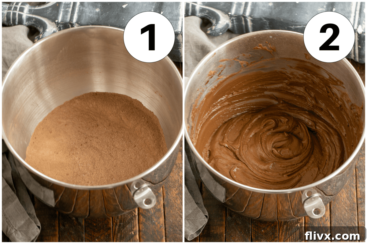 Numbered process shots 1 and 2, illustrating the initial steps for making cocoa fudge cake, with clear labels for easy following.