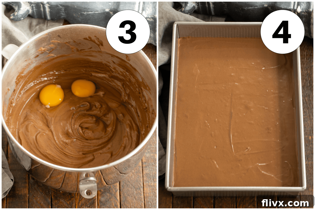 Process shots 3 and 4 for cocoa fudge cake, demonstrating the next crucial stages in the baking preparation.