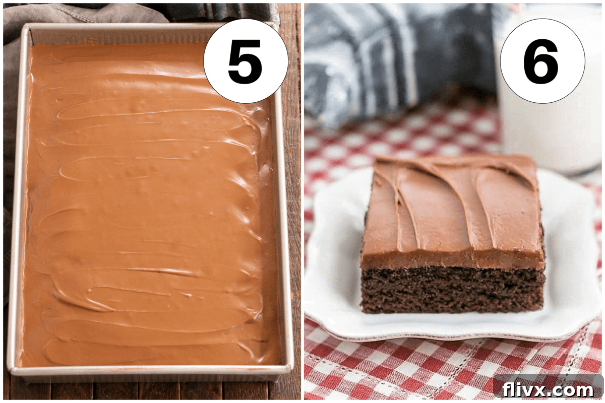 Numbered process shots 5 and 6, showing the final steps for preparing and serving cocoa fudge cake, from cooling to slicing.
