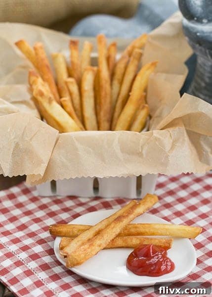 Thin Crispy French Fries - As good or better than McDonald's, but made in your own kitchen! Thin Crispy French Fries in a basket on a checkered napkin with a plate with a few fries and a blob of ketchup, ready to be enjoyed.