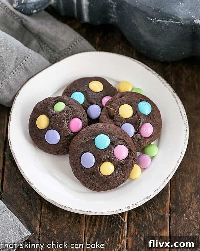 Overhead view of Chocolate Cookies with Easter M&Ms, a delicious holiday treat.