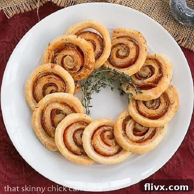 Honey Mustard Pepperoni Pinwheels overhead view on a round, white platter