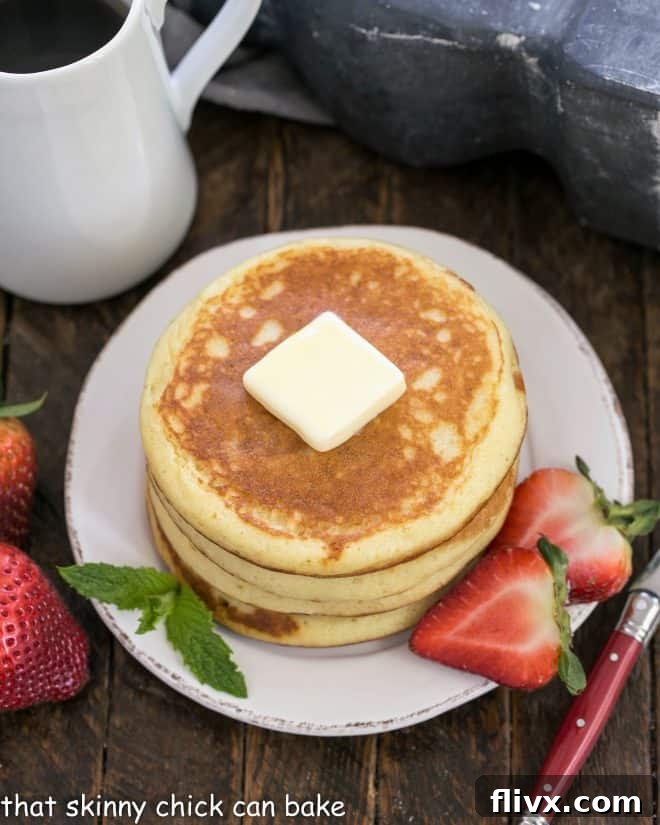 A stack of golden-brown buttermilk pancakes, generously topped with a pat of melting butter and garnished with a vibrant array of sliced fresh berries, invitingly served on a white plate.