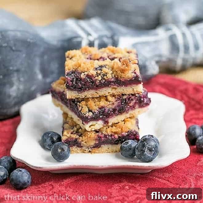 A beautifully composed image of Blueberry Streusel Bars arranged on a white plate, adorned with a delicate garnish of fresh blueberries, highlighting their golden-brown topping and vibrant fruit.