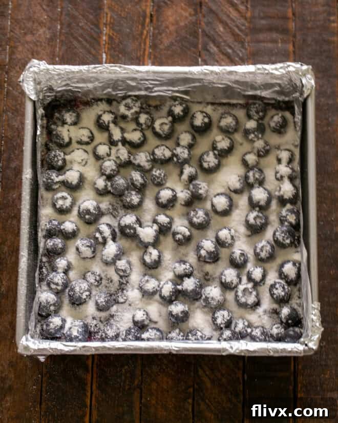 Fresh blueberries tossed with a light dusting of flour, ready to be spread over the jam layer.
