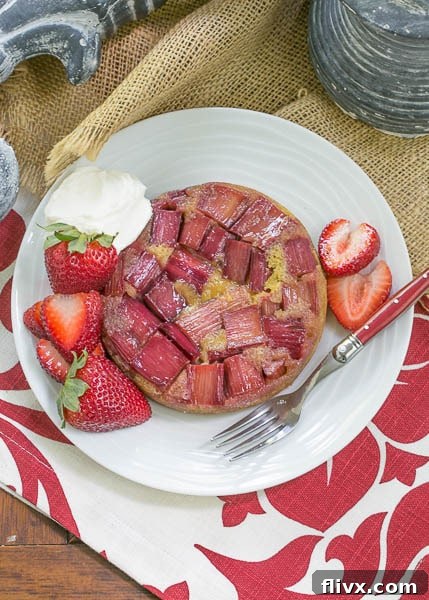 Rhubarb Upside Down Brown Sugar Cake - A stunning dessert with glistening caramelized rhubarb on top