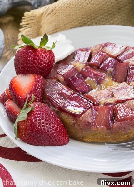 Rhubarb Upside Down Brown Sugar Cake - a close-up of the delicate cake and the fruit topping