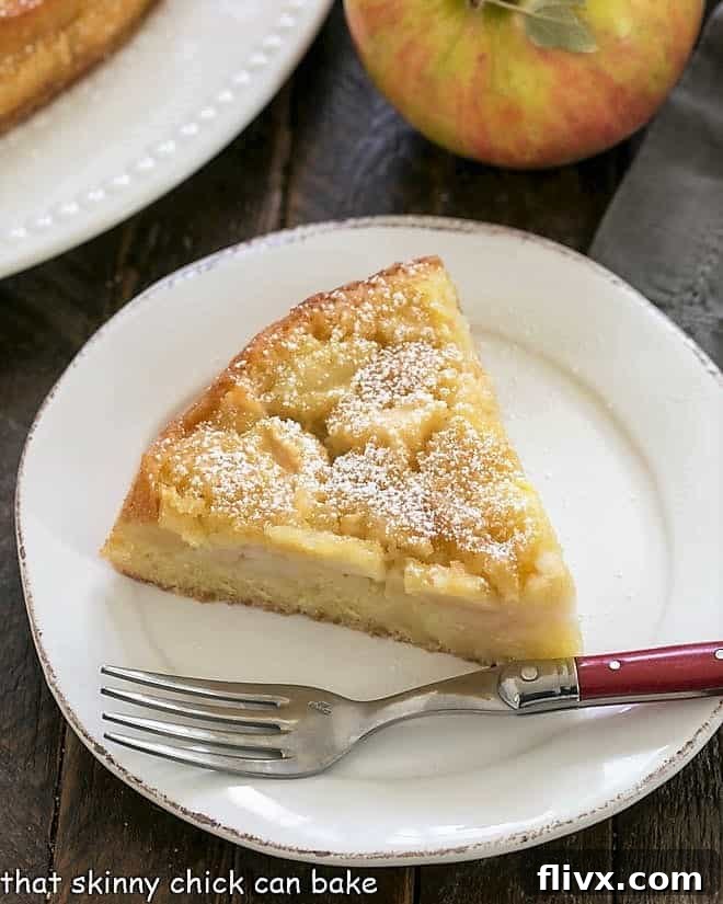 Overhead view of a slice of French apple cake, garnished with a light dusting of powdered sugar.