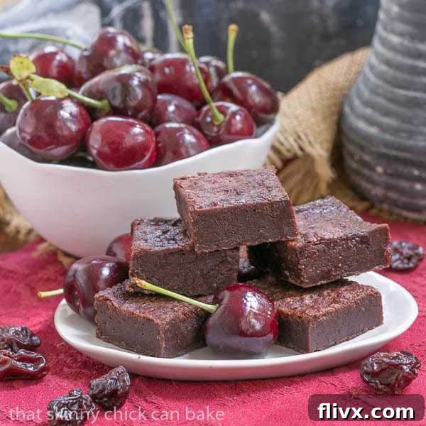 Cherry Chocolate Brownies - Super dense, fudgy and full of wine infused dried cherries