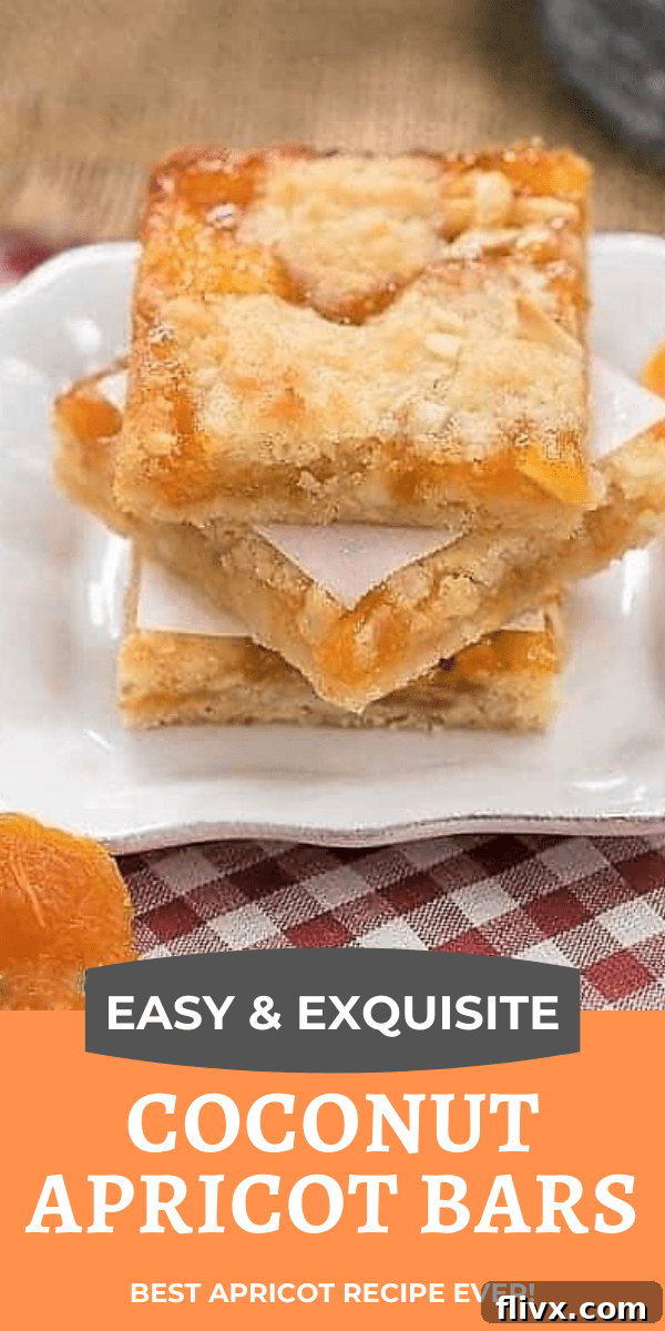 A collage featuring various photos of Coconut Apricot Bars with descriptive text overlay.