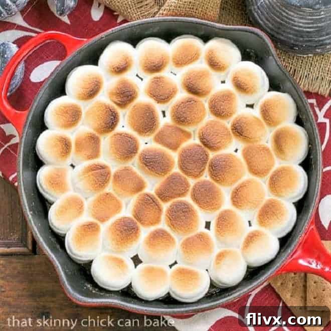 Overhead view of Skillet S'mores Dip in a vibrant red cast iron skillet, with golden-brown toasted marshmallows over a rich chocolate base, surrounded by graham crackers.