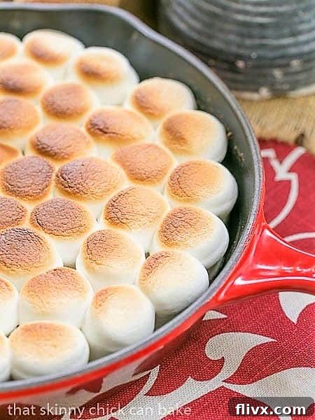 Close-up view of the rich, bubbly chocolate ganache and beautifully golden-brown toasted marshmallows in a red cast iron pan, showing the perfect texture.