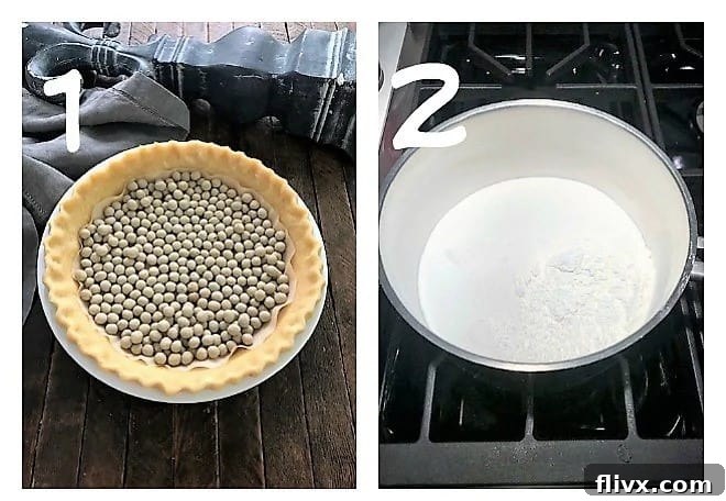 Process shots showing the beginning stages of making lemon meringue pie, including crust preparation.