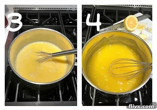 Process shots showing the liquid ingredients for lemon meringue pie filling being combined and cooked.