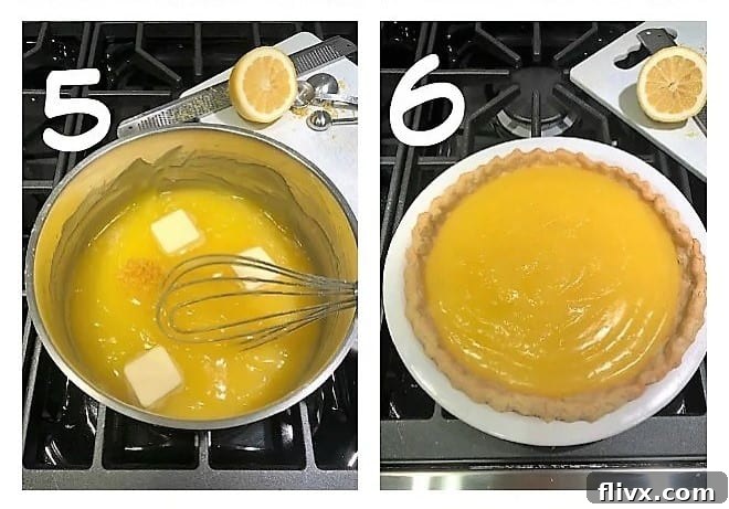 Process shots illustrating the final stages of preparing the lemon meringue pie filling and pouring it into the baked crust.