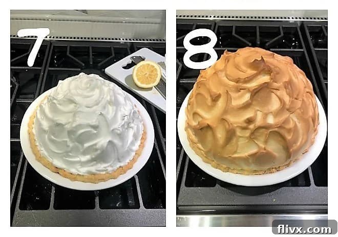 Process shots showing the meringue being prepared and spread over the hot lemon filling, ready for baking.